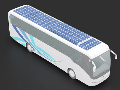 Solar Powered White Bus with Blue Wave Patterns and Roof Solar Panels 3d model