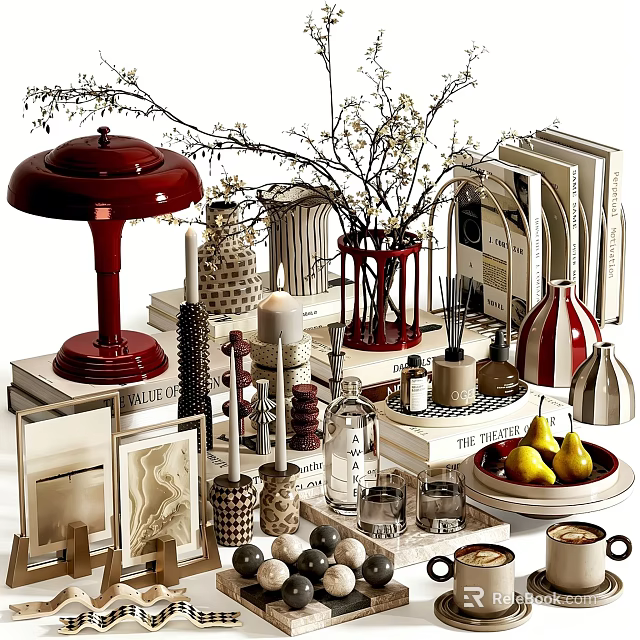 Stylish Decorative Ornament Set With Red Table Lamp Vases Books And Fruit Plate 3d model 