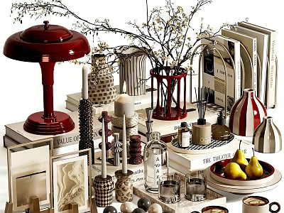Stylish Decorative Ornament Set With Red Table Lamp Vases Books And Fruit Plate 3d model