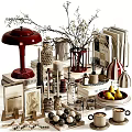 Stylish Decorative Ornament Set With Red Table Lamp Vases Books And Fruit Plate