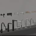 Various Modern Faucet Styles In Different Colors Displayed On Wall And Countertop