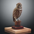 A Small Brown Feathered Owl Perched On A Natural Wooden Base With Layered Wooden Platform
