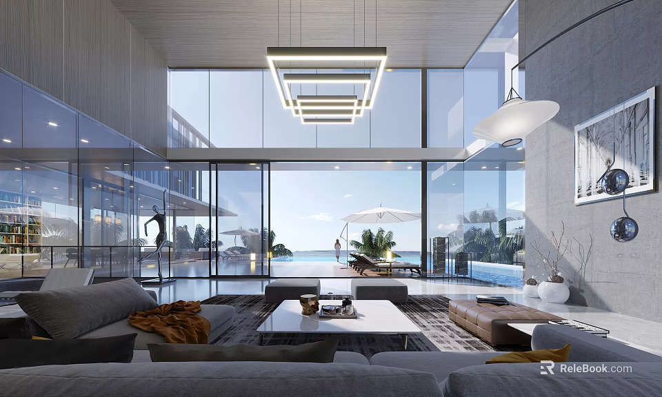 Modern Duplex Living Room Interior With Large Windows Chandeliers Sofa Coffee Table And Pool 3d model 
