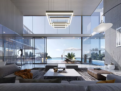 Modern Duplex Living Room Interior With Large Windows Chandeliers Sofa Coffee Table And Pool 3d model