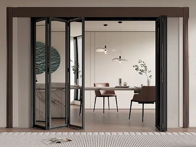 Black Folding Door In Modern Dining Area With Table Chairs 3d model