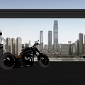 Classic Chrome Motorcycle Parked On Urban Terrace With Helmeted Rider And City Skyline
