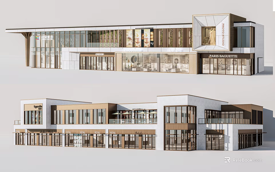 Modern Commercial Storefront Design with Glass Curtain Walls Wooden Elements and Display Windows 3d model 