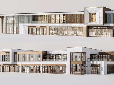 Modern Commercial Storefront Design with Glass Curtain Walls Wooden Elements and Display Windows 3d model