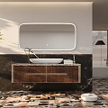 Modern Bathroom Vanity With Oval Mirror Marble Countertop And Colorful Tile Floor