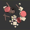 Colorful Marshmallows And Crackers In Glass Jars And Cup With Pink Lids And Striped Straws