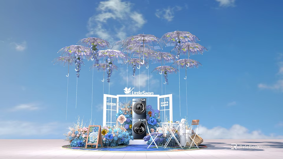 IndoSoul Event Setup With Hanging Purple White Umbrella Decorations And Blue Pink Floral Arrangements 3d model 