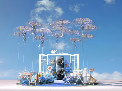 IndoSoul Event Setup With Hanging Purple White Umbrella Decorations And Blue Pink Floral Arrangements 3d model