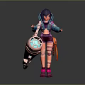 Game And Movie Character With Purple Hair Blue Hoodie Holding Round Device And Pink Shoes