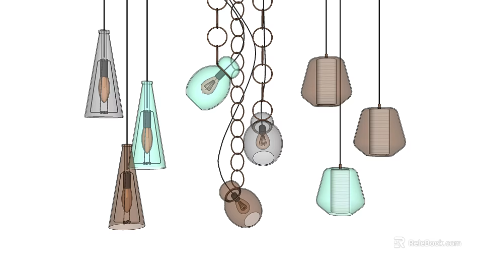 Stylish Modern Pendant Lights With Different Shapes Colors And Chain Details 3d model 