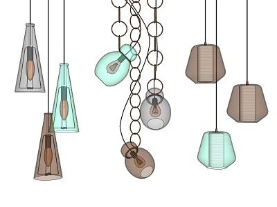 Stylish Modern Pendant Lights With Different Shapes Colors And Chain Details 3d model