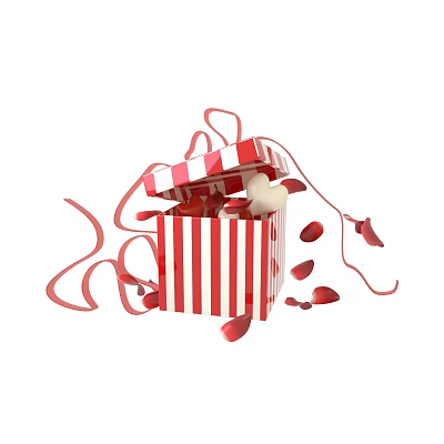 Decorative Ornament Set With Open Red And White Striped Gift Box Red Ribbons Rose Petals 3d model