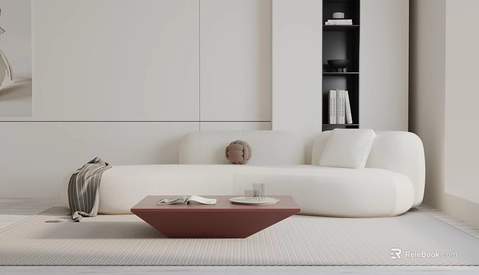 Modern White Three-Seater Sofa With Gray Blanket Brown White Pillows And Red Coffee Table Books 3d model 