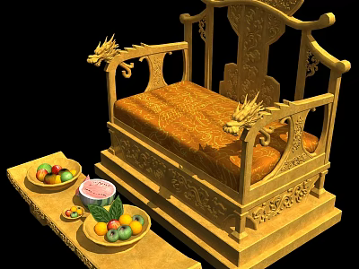 Golden Dragon Throne With Intricate Carvings And Fruit Plates On Wooden Tray 3d model