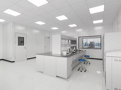 Modern Clean Laboratory Interior With White Lab Benches Blue Stools Windows Cabinets And Overhead Lighting 3d model
