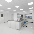 Modern Clean Laboratory Interior With White Lab Benches Blue Stools Windows Cabinets And Overhead Lighting