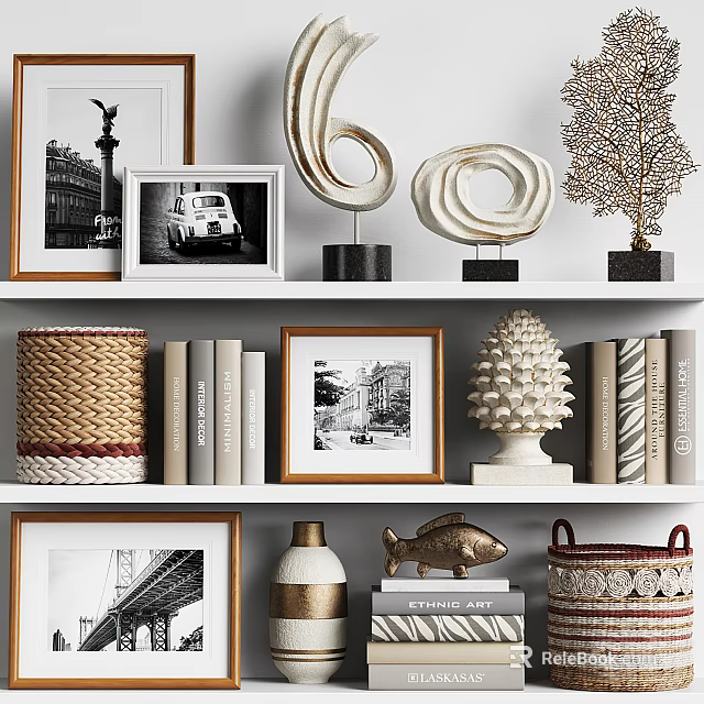 Decorative Ornament Combination With Framed Photos Books Woven Baskets Fish Figurine And Sculptures On Shelves 3d model 