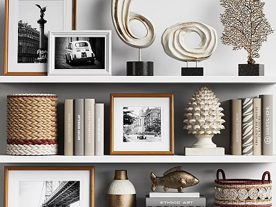 Decorative Ornament Combination With Framed Photos Books Woven Baskets Fish Figurine And Sculptures On Shelves 3d model