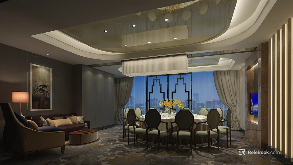 Private Dining Room Interior With Round Dining Table Chairs Curtains And Sofa 3d model 
