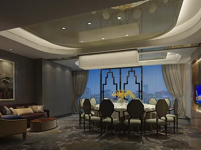 Private Dining Room Interior With Round Dining Table Chairs Curtains And Sofa 3d model