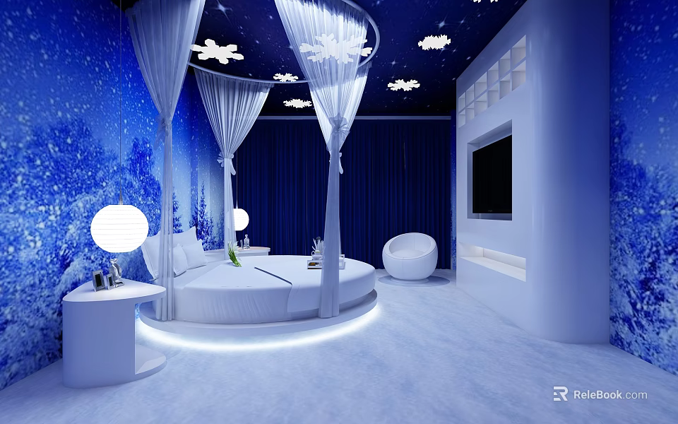 Hotel Guest Room With Blue Theme Starry Ceiling Round Bed And Canopy Drapes 3d model 