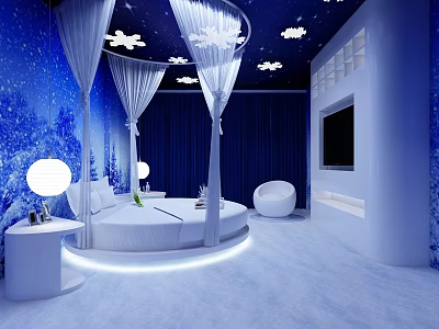 Hotel Guest Room With Blue Theme Starry Ceiling Round Bed And Canopy Drapes 3d model