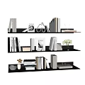 Stylish Floating Shelves With Books Decorative Frames And Flower Vase 3d model