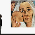 Gallery Portrait Painting of White Haired Woman Holding Baby with Background Figure and Walking Person