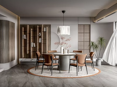 Elegant Modern Restaurant Interior With Round Dining Table Brown Chairs Pendant Light And Wooden Decor 3d model