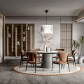 Elegant Modern Restaurant Interior With Round Dining Table Brown Chairs Pendant Light And Wooden Decor