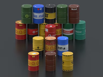 Industrial Equipment Oil Drums Stacked With Various Colors And Different Brands 3d model