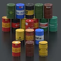 Industrial Equipment Oil Drums Stacked With Various Colors And Different Brands