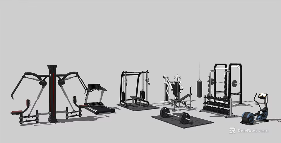 Professional Fitness Equipment Including Treadmill Weight Machines Dumbbells And Pull Up Bars 3d model 