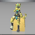 3D Mythical Creature Character Sitting On Yellow Cube With Black Yellow Fur And Crown Headpiece