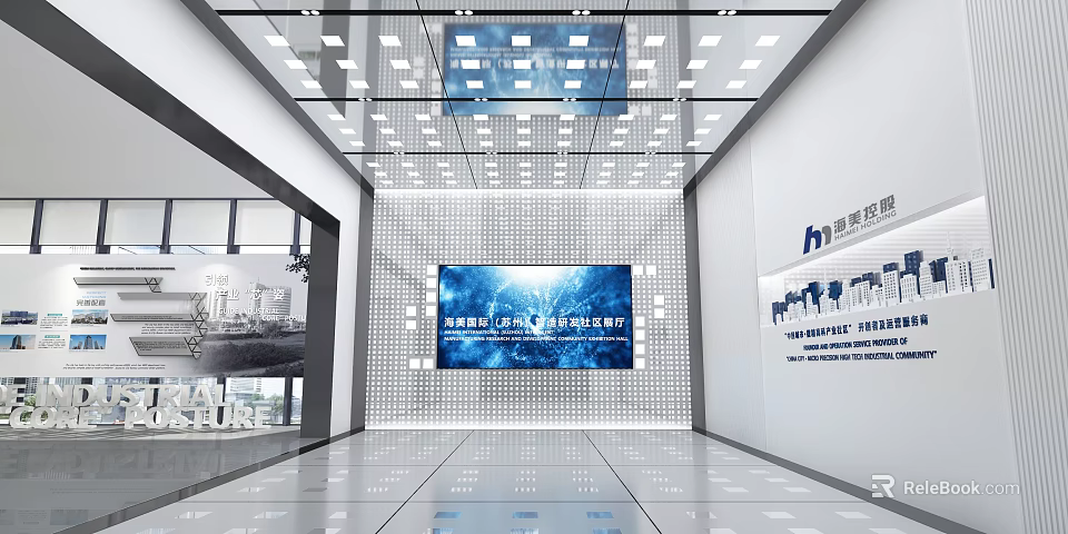 Modern Exhibition Hall Interior With Grid Ceiling Lights And Digital Screen 3d model
