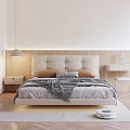 Double Bed With Wooden Padded Headboard Brown Gray Pillows Checkered Blanket Bedside Table And Lamp