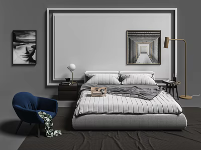 Gray Double Bed with Striped Linens Bedside Table and Blue Armchair in Modern Bedroom 3d model