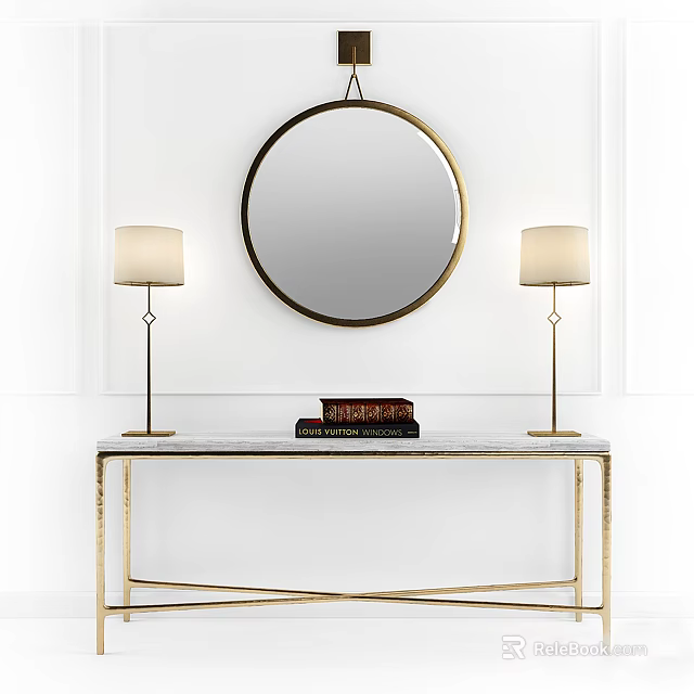 Elegant Dressing Table With Gold Frame Round Mirror And White Table Lamps 3d model