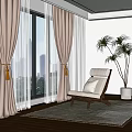 Beige Linen Curtains With Tassel Tiebacks By Window In Modern Living Room With City View
