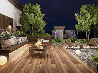 Roof Garden With Wooden Deck Sofa Fire Pit Trees Purple Flowers Outdoor Lighting 3d model