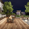 Roof Garden With Wooden Deck Sofa Fire Pit Trees Purple Flowers Outdoor Lighting