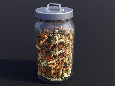 Clear Glass Jar With Silver Lid Filled With Colorful Spiral Pasta 3d model