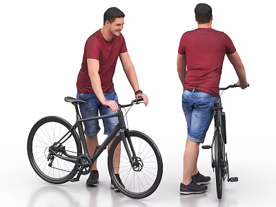 A Man Standing With Bicycle In Red T Shirt Blue Denim Shorts And Black Shoes 3d model