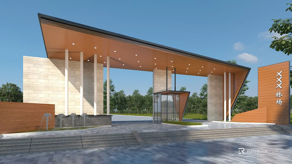 Modern Entrance Gate Design With Wooden Roof Stone Pillars And Glass Door 3d model 