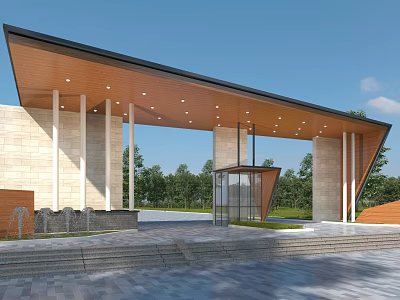 Modern Entrance Gate Design With Wooden Roof Stone Pillars And Glass Door 3d model
