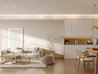 Light Modern Living And Dining Room Interior Design With Sofa Dining Table And Green Plant 3d model